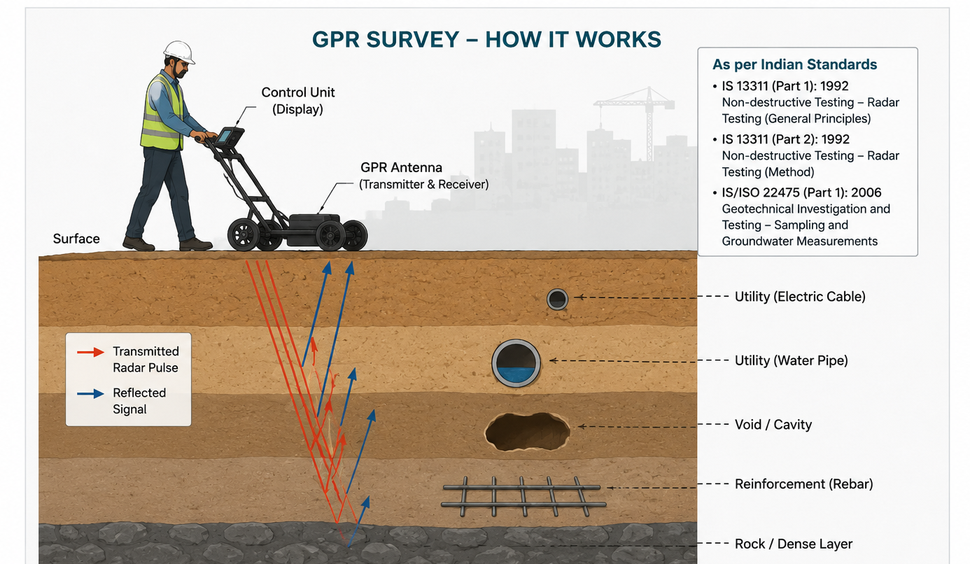 GPR survey process showing site assessment, data acquisition, radar wave reflections, radargram interpretation, utility marking and reporting