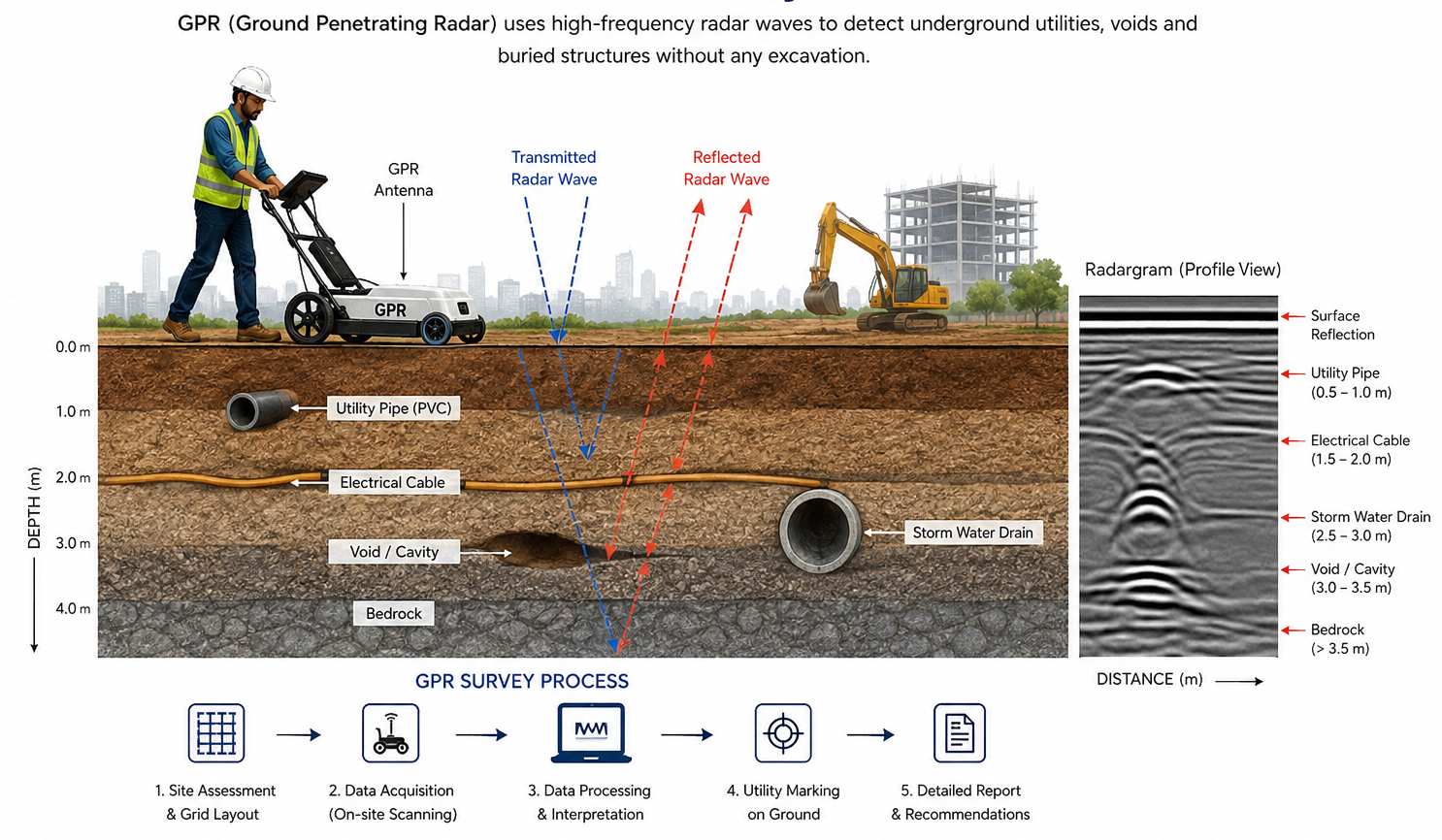 GPR survey working principle showing transmitted and reflected radar signals detecting underground utilities, voids and reinforcement