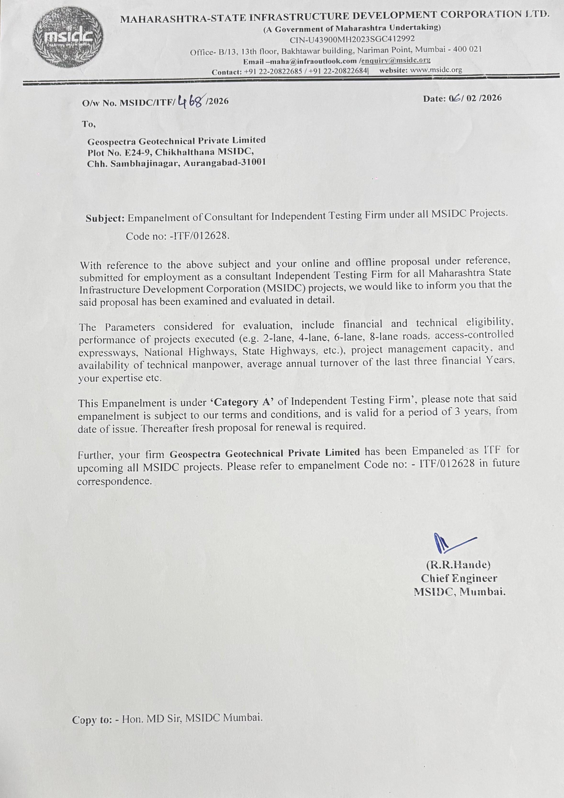 MSIDC certificate of GeoSpectra Geotechnical Pvt Ltd