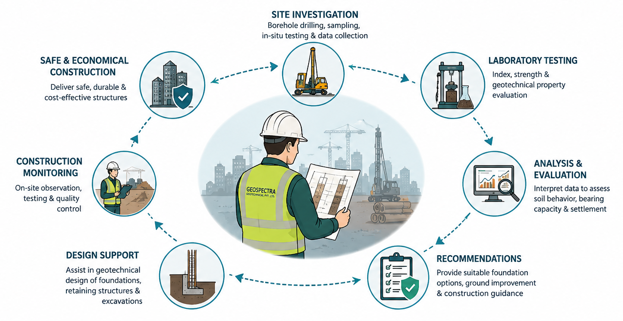 Role of Geotechnical Engineer including site investigation, soil testing, analysis and design