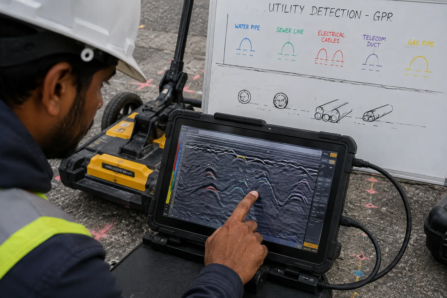 GPR technician reviewing radar data to detect underground utility lines