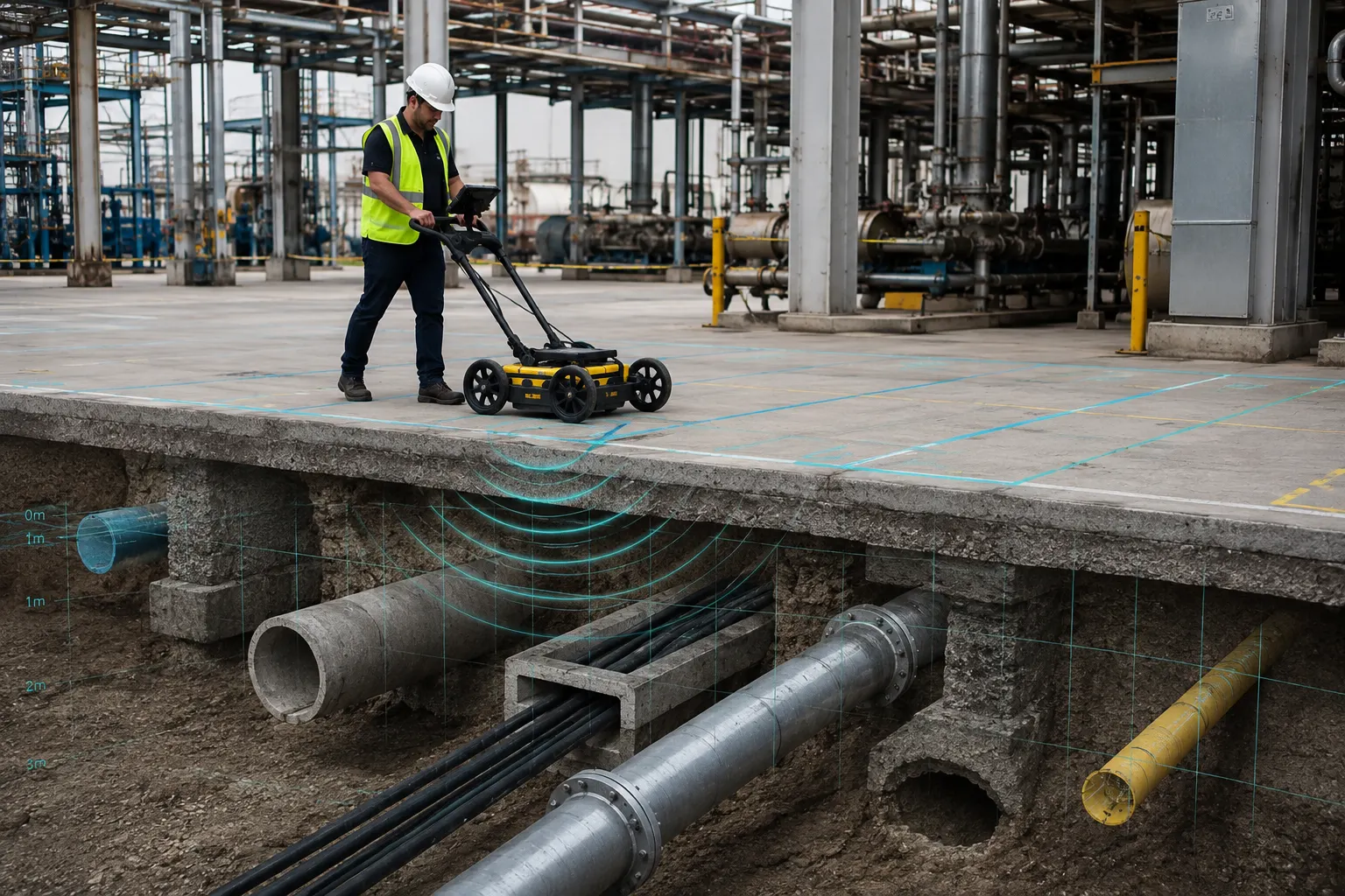 GPR survey inside an industrial plant for underground utility and subsurface investigation