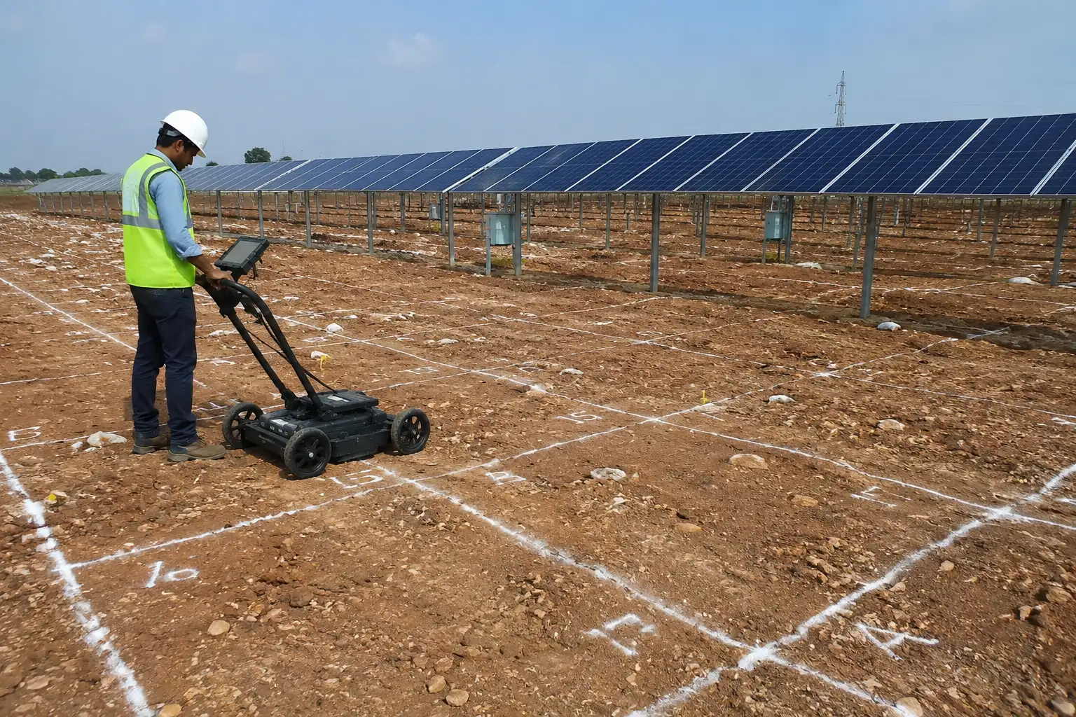 GPR survey technician scanning ground-mounted solar plant site