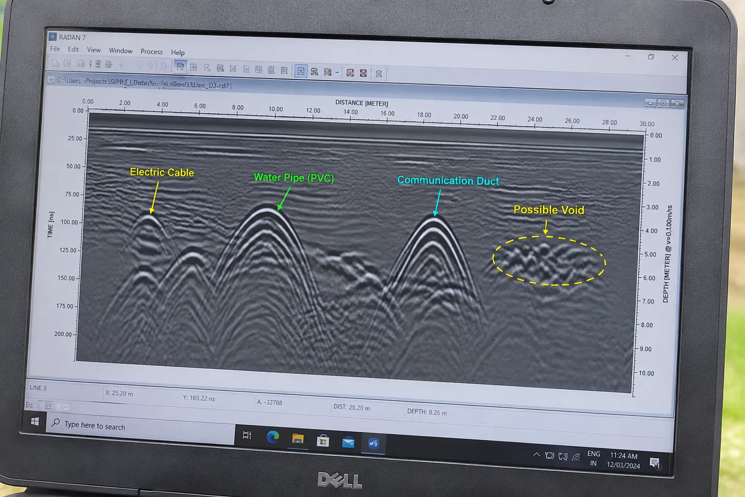 GPR subsurface data showing underground utility lines and buried objects