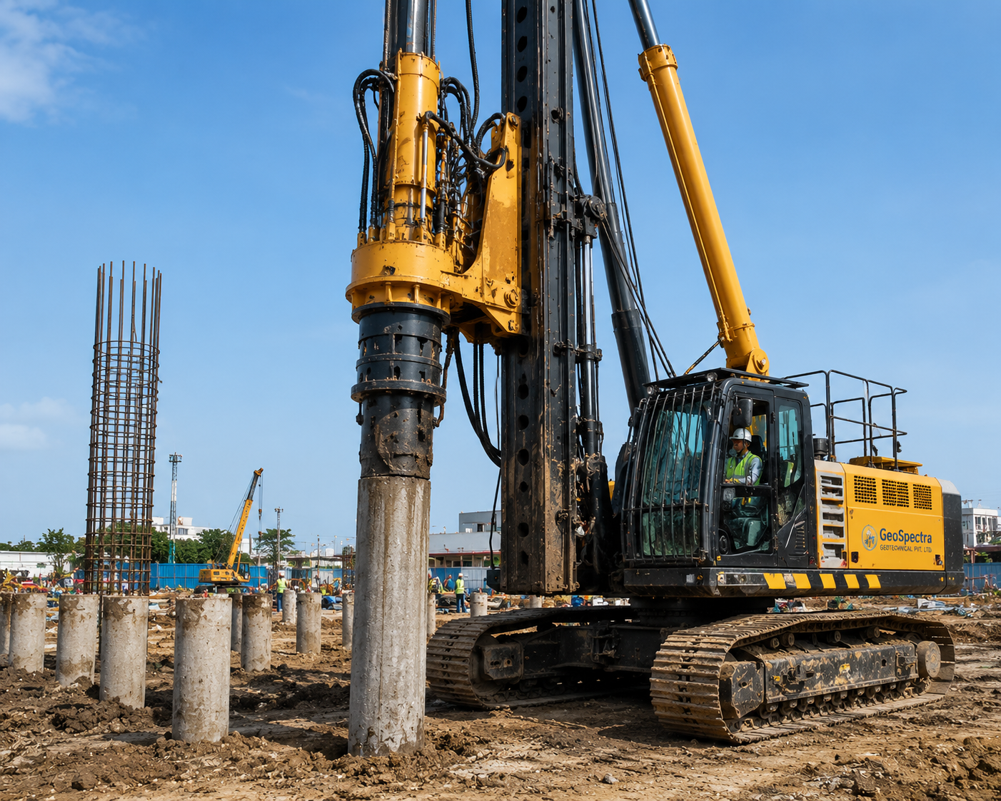 Hydraulic piling rig installing deep foundation piles
